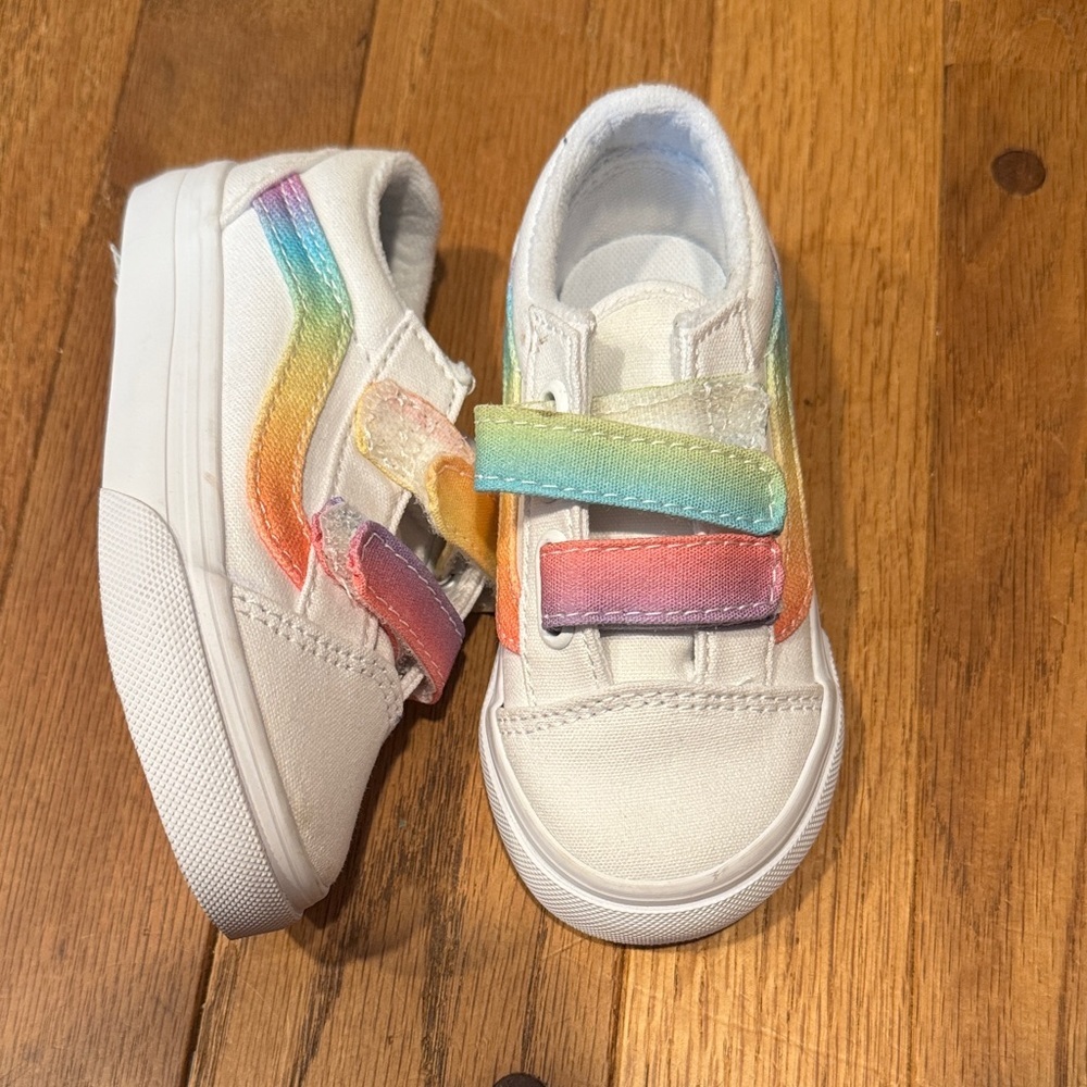 Vans Kids White Sneakers with Rainbow Accent on Velcro - read :)